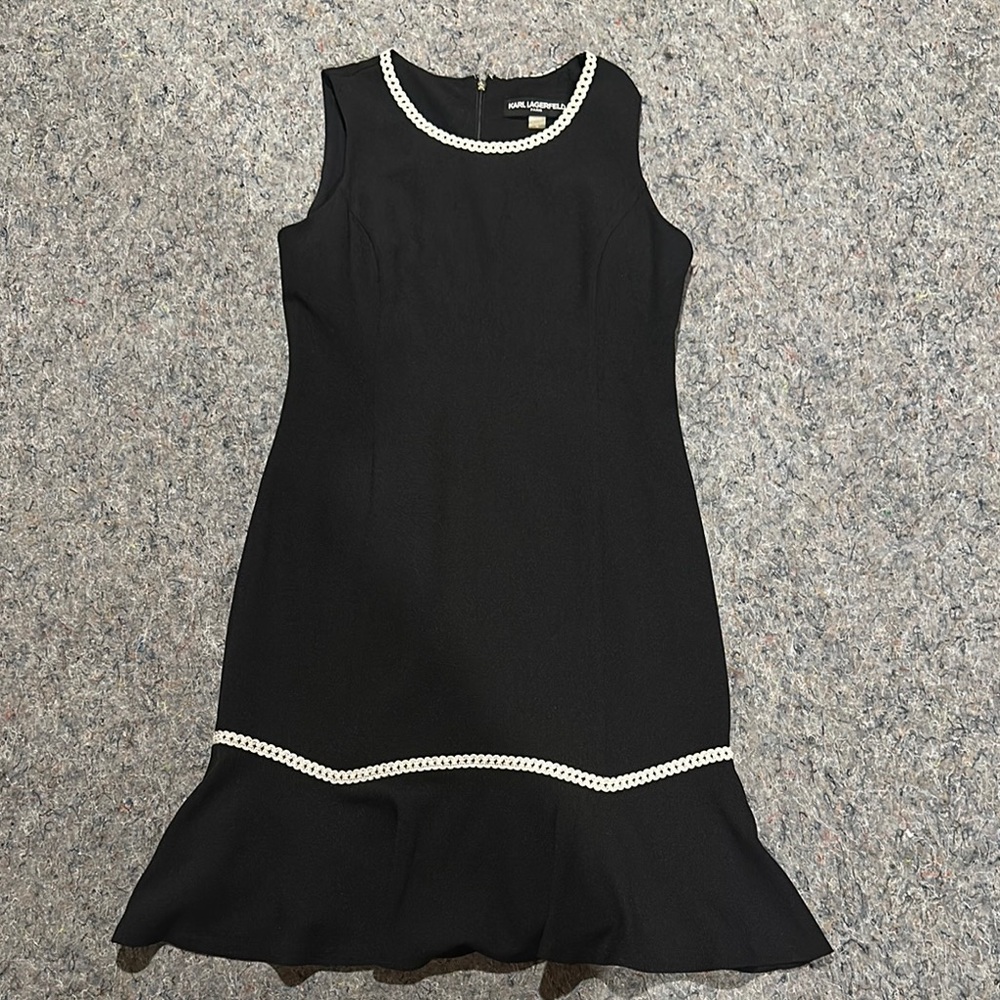 Karl Lagerfeld Sz 10  Black Dress with White Trim Midi Dress